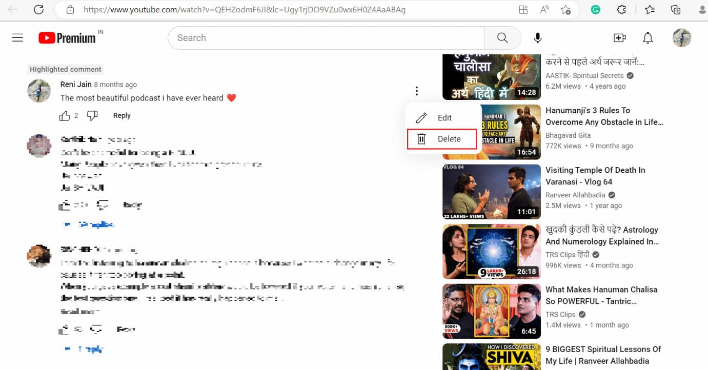 delete comment youtube