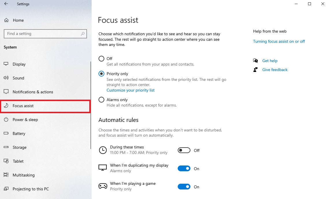 From the left-side panel, click on Focus assist | Why Does Windows Keep Minimizing the Programs