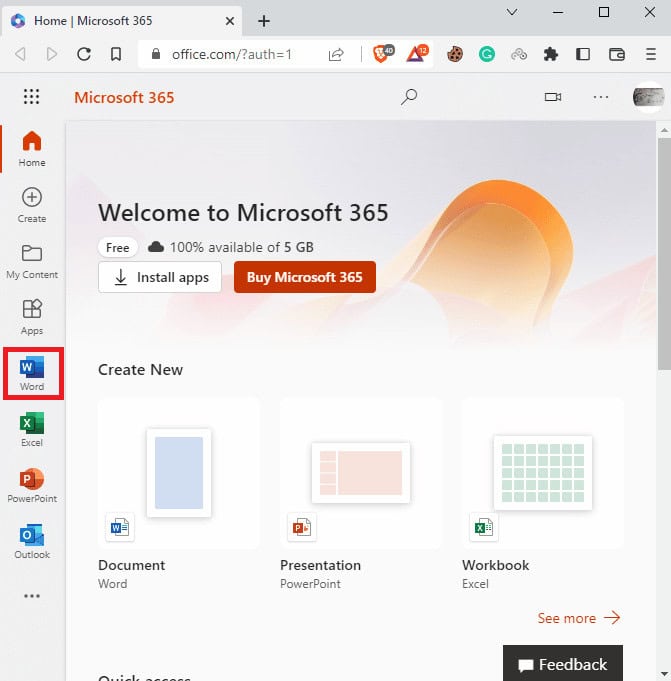 From the left-side panel, navigate to Word
