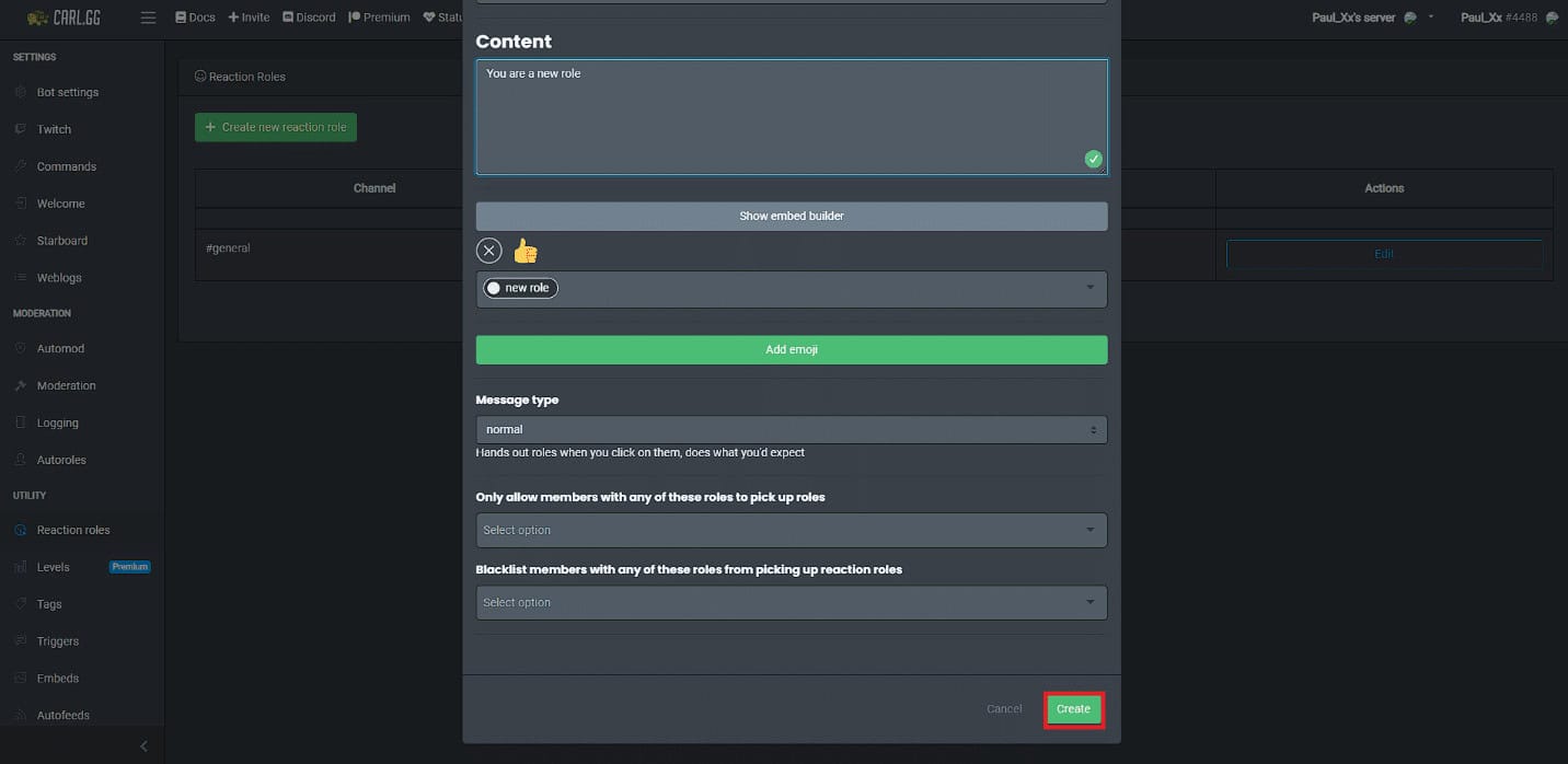 click on the Create button