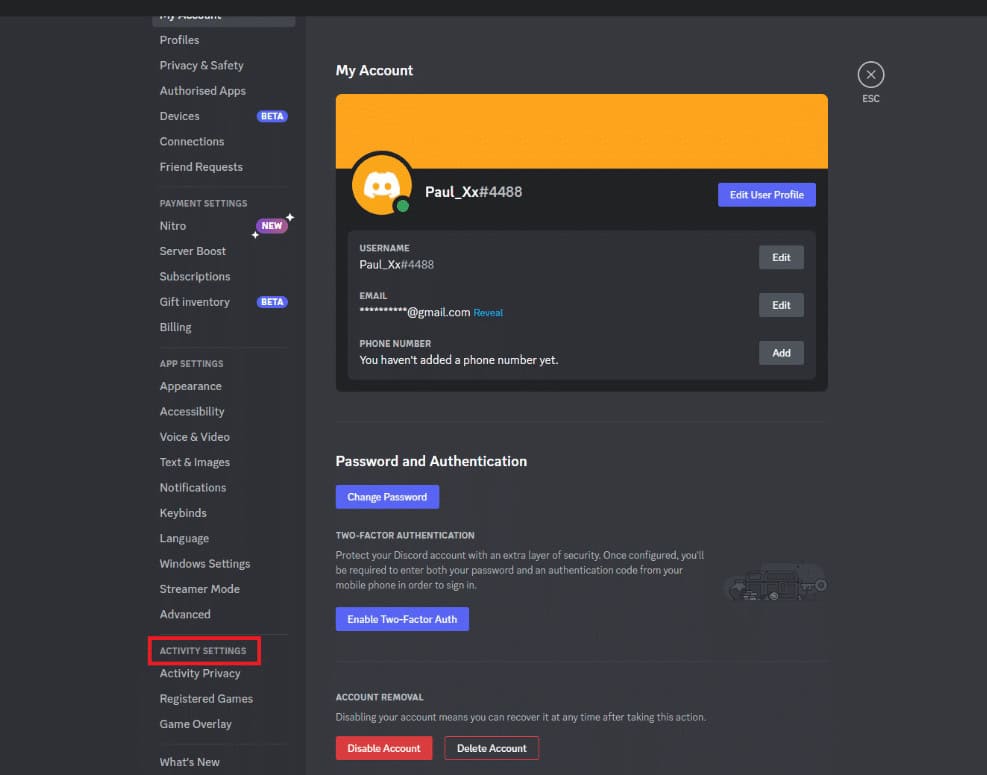 scroll down to Activity Settings