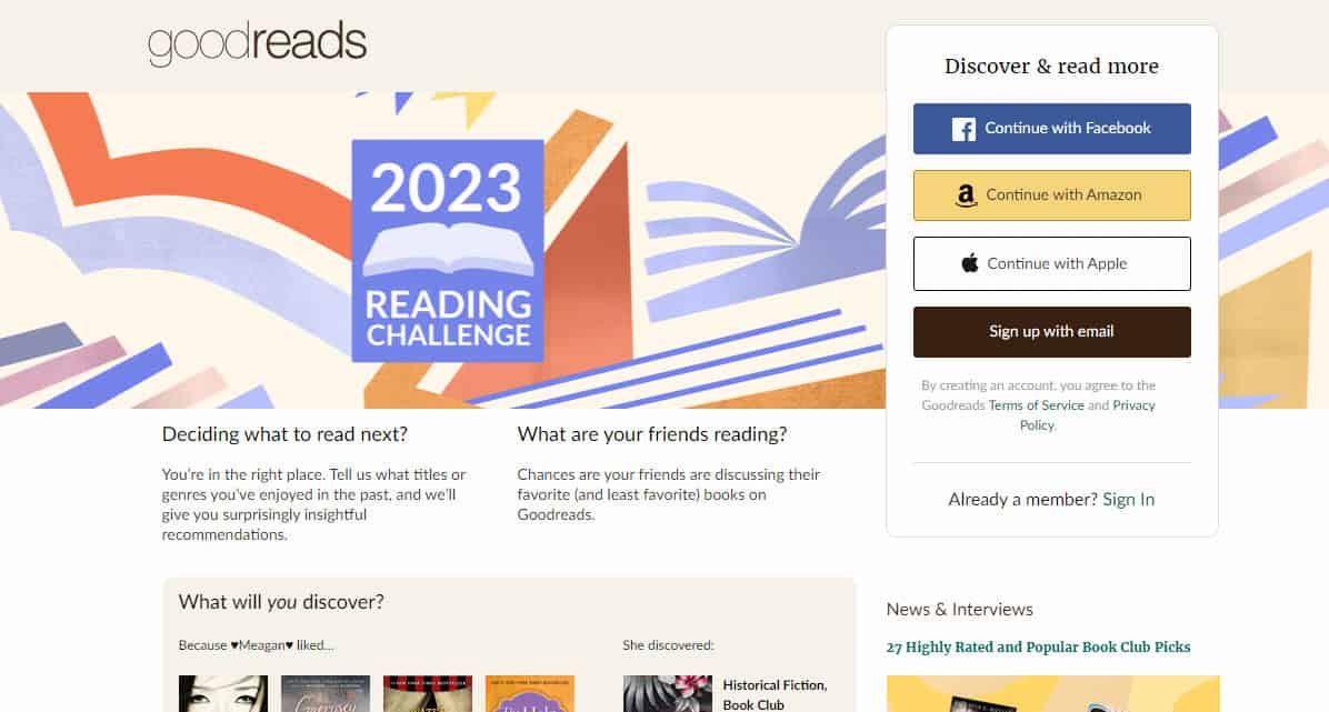 Goodreads homepage