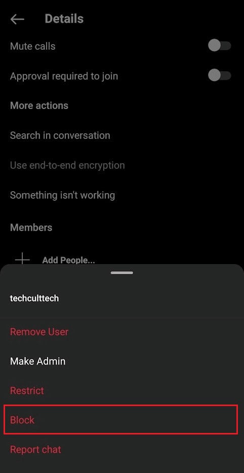 group Details menu - three-dotted icon next to the desired member - Block