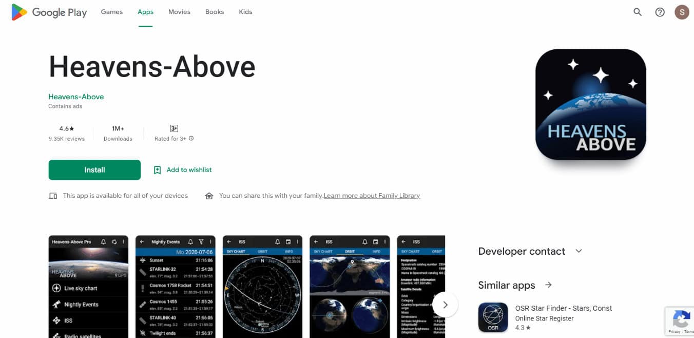 Heavens Above App Install Page