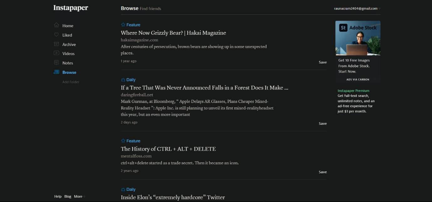 Home page of Instapaper