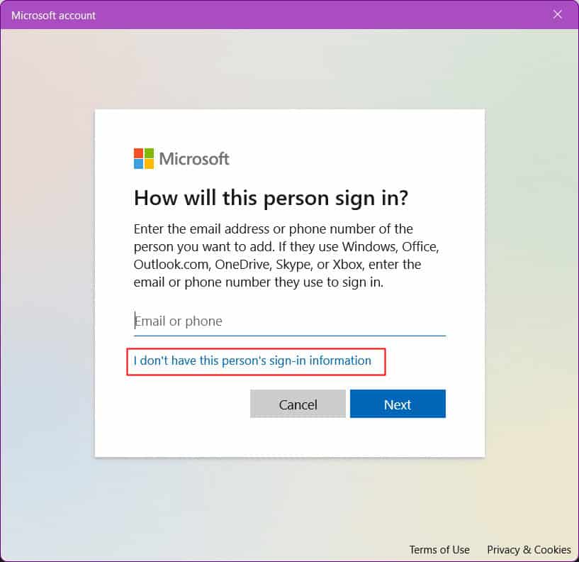 I don’t have this person’s sign-in information.