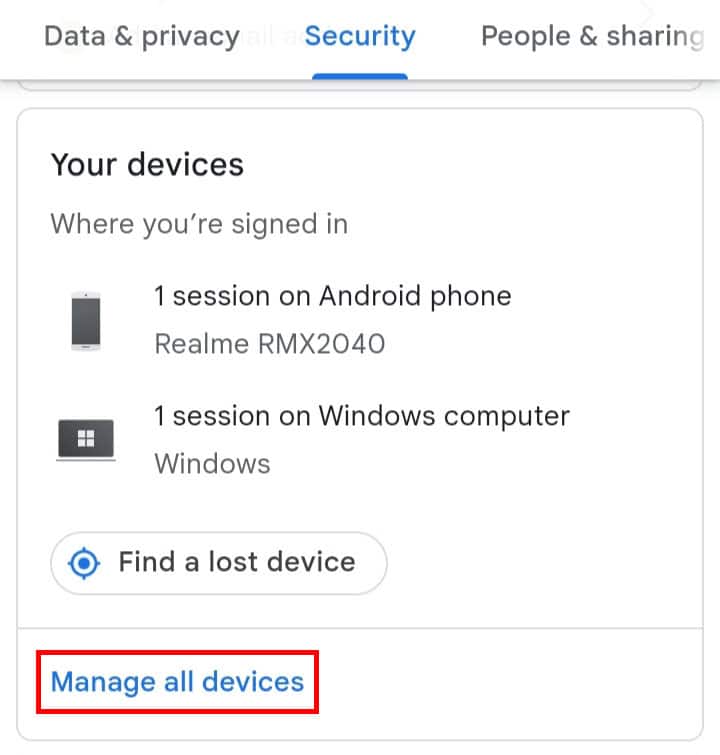 In security scroll down until Your devices and tap on Manage all devices.