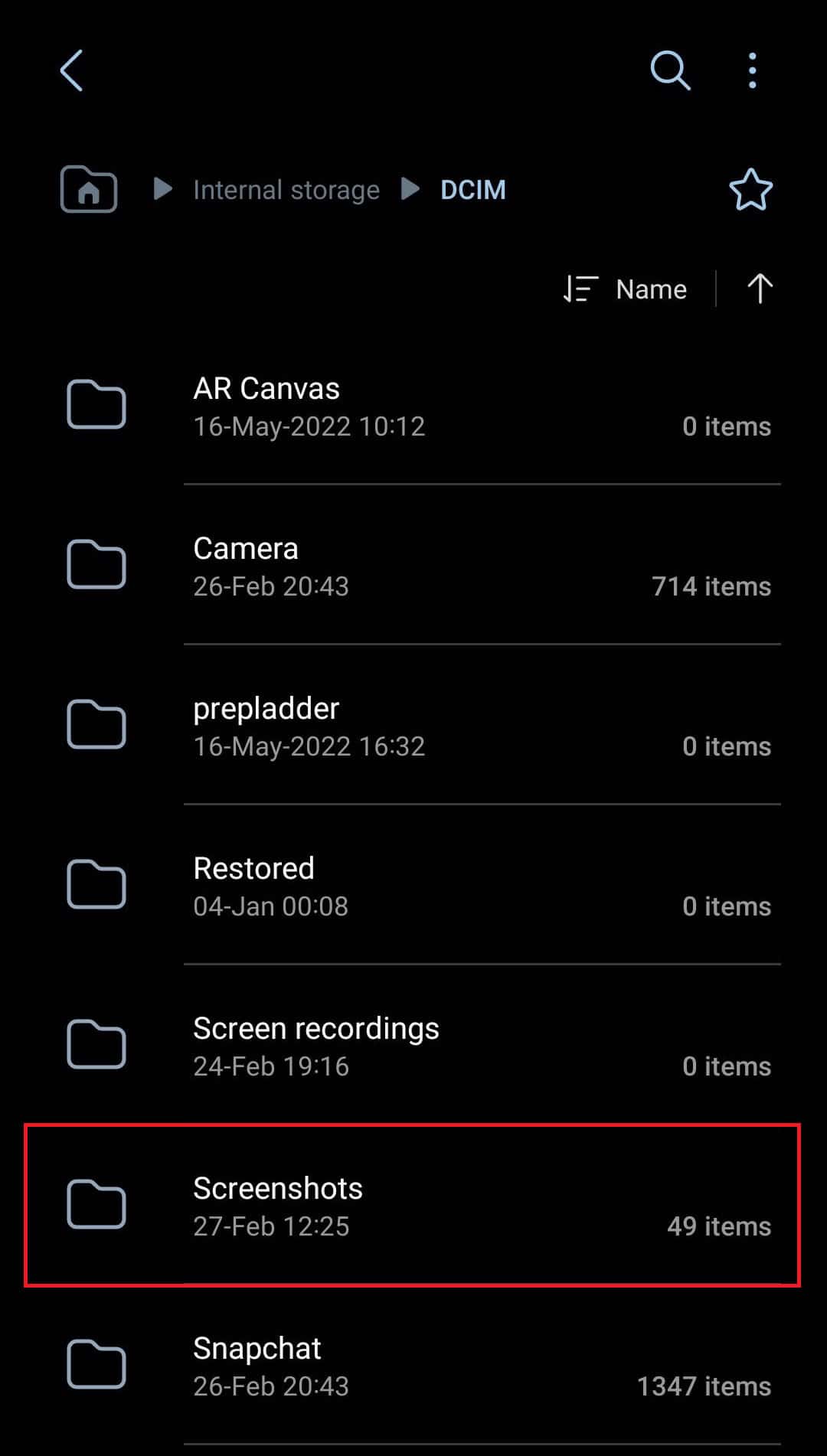 In the DCIM folder tap on the Screenshots folder.