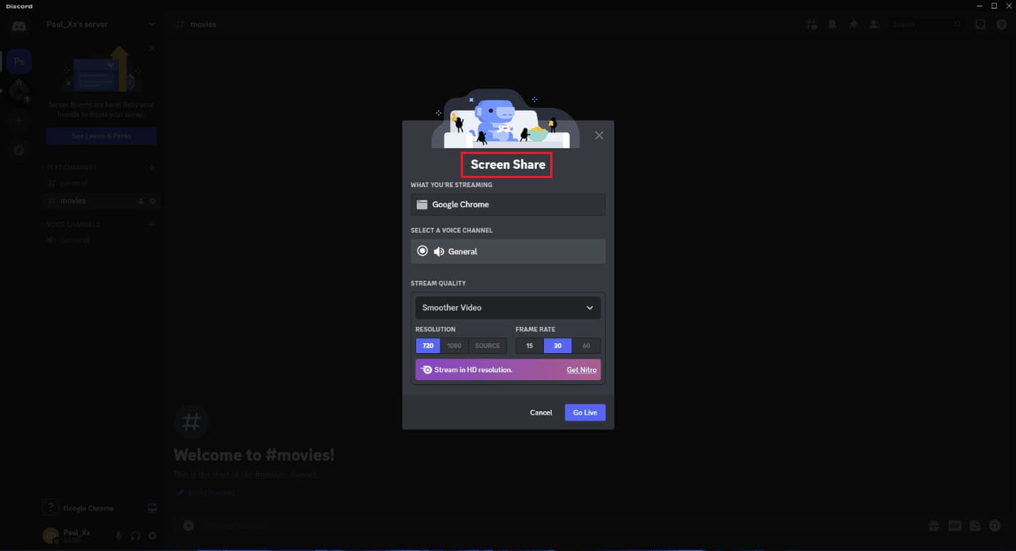select a voice channel and adjust the stream quality as well as the frame rate