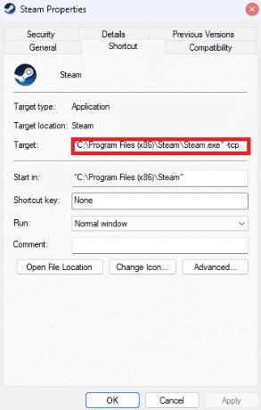 In the Target dialogue box, add -tcp at the end of the path