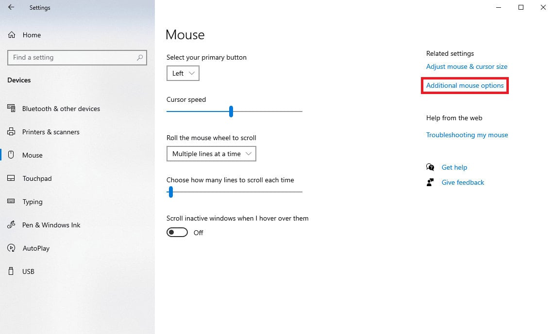 locate and click on Additional mouse options