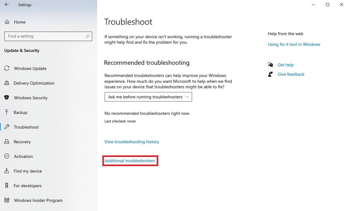 locate and click on Additional troubleshooters