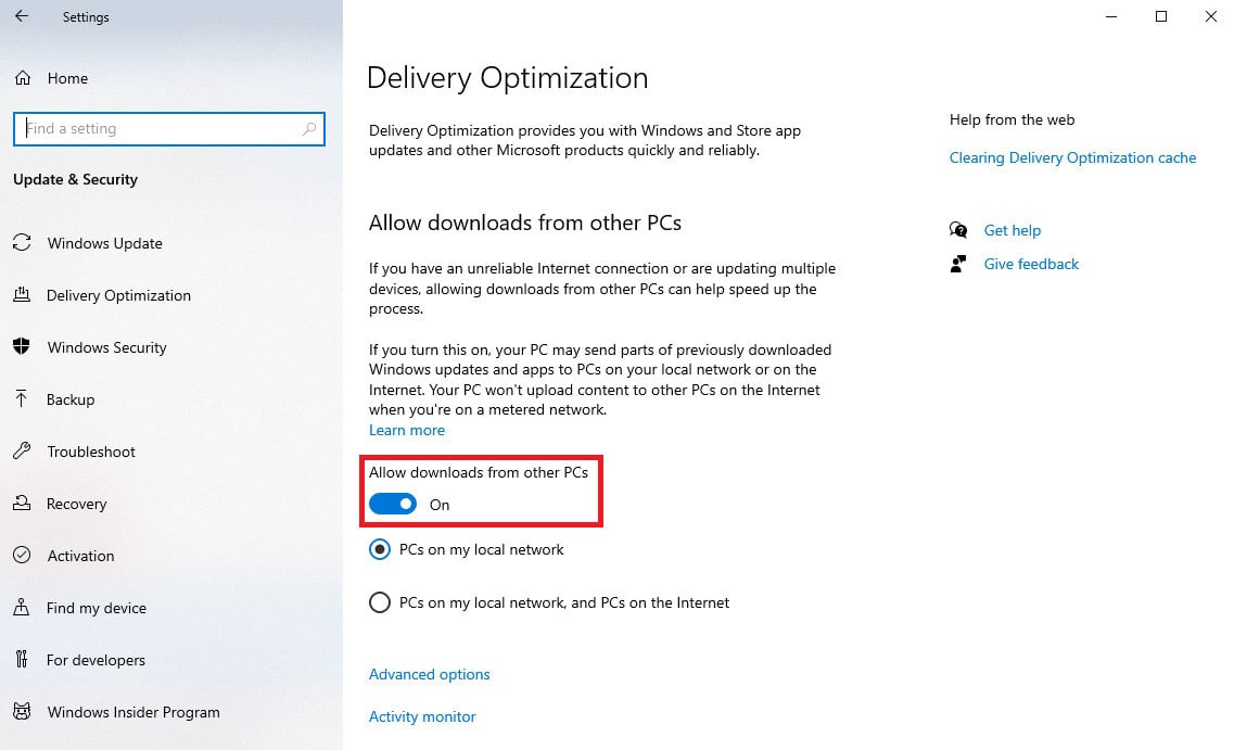 locate and enable the Allow downloads from other PCs