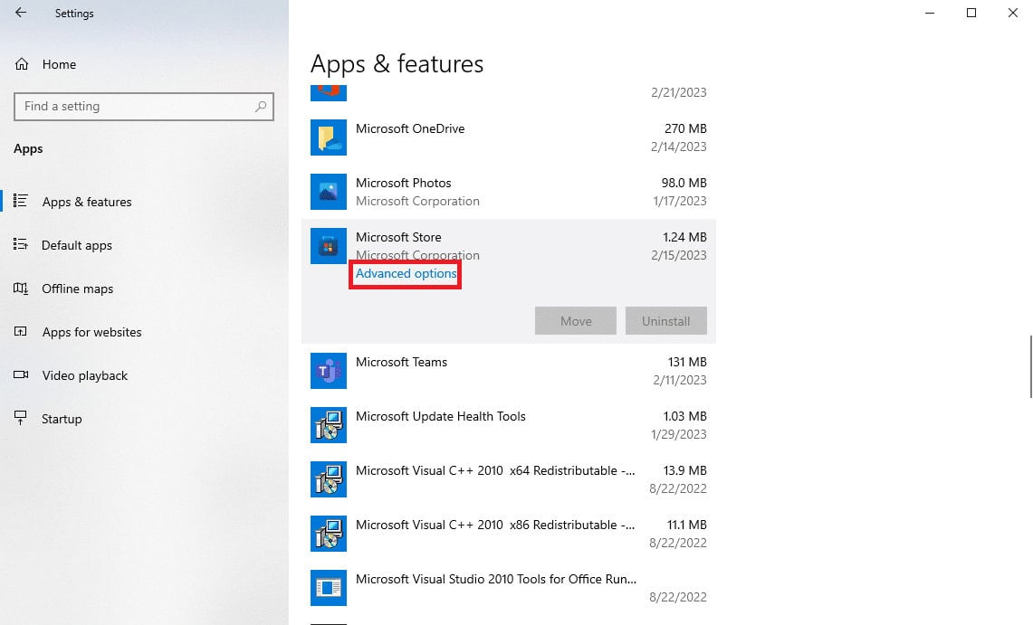 Locate and select the Microsoft Store and click on the Advanced options