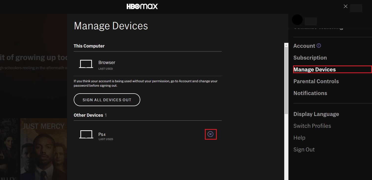 locate your console in the Other Devices section and select the X icon to remove the device | HBO Max not working on PS4 or PS5