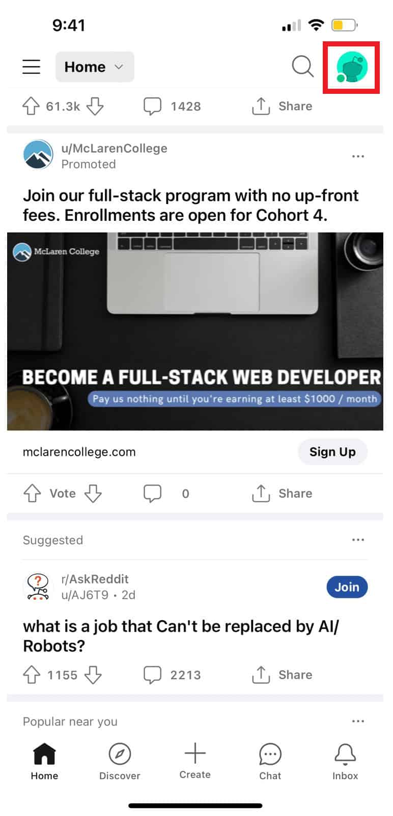 Log in to the Reddit app and click on the profile icon in the top right corner of the screen.