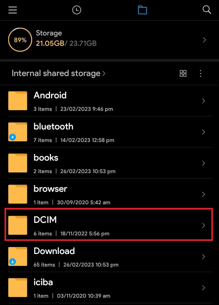 navigate to the DCIM folder and open it.