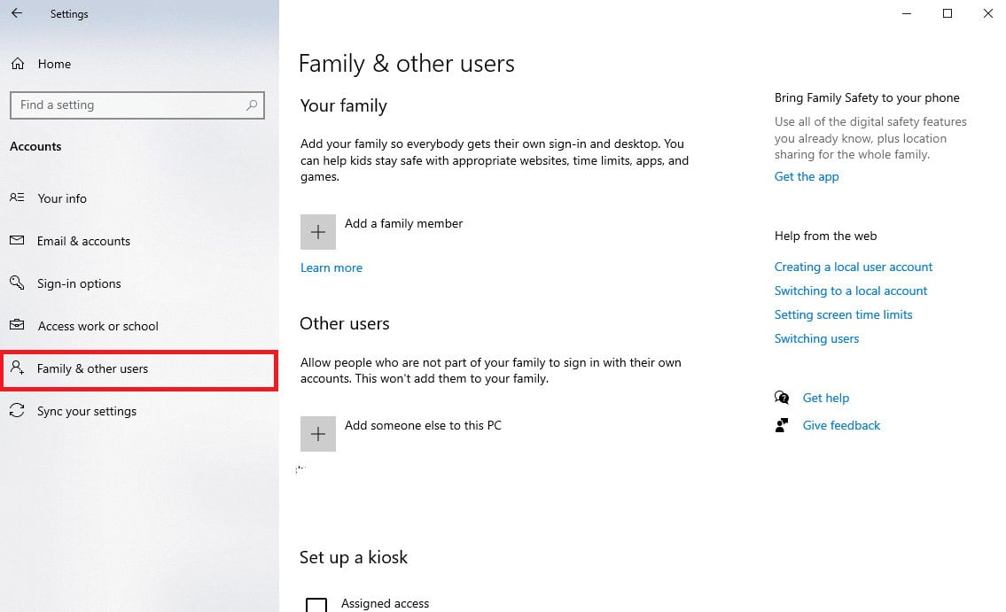 navigate to the Family and other users tab from the left-side panel