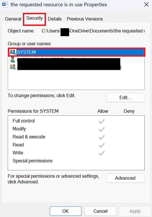 navigate to the Security tab and choose a user under Group or user names