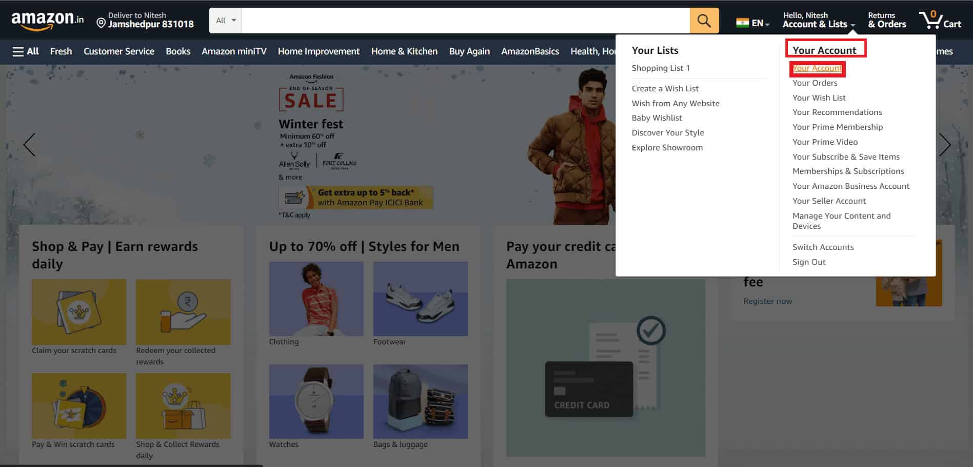 Next, go to Account & Lists drop-down menu and select Your Account. | How to Delete Audible Account