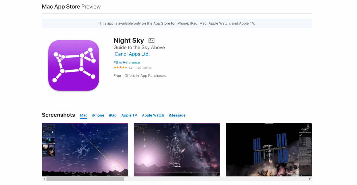 Night Sky App Install page