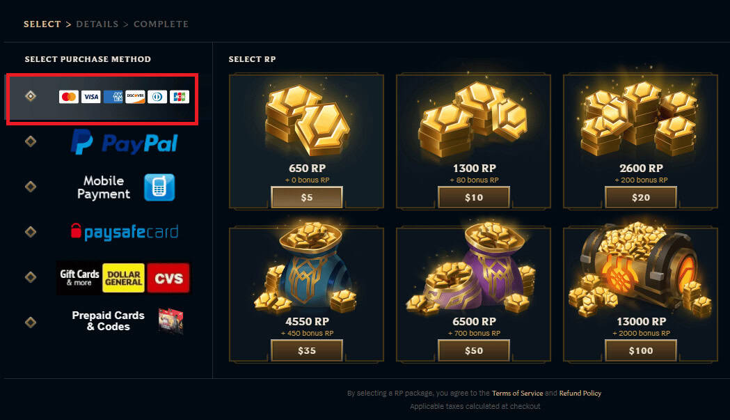 make a choice for SELECT PURCHASE METHOD