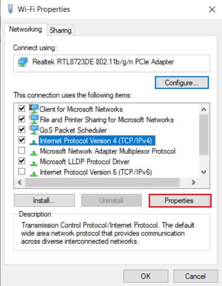 Now select Internet Protocol Version 4 (TCP/IPv4) and click on Properties