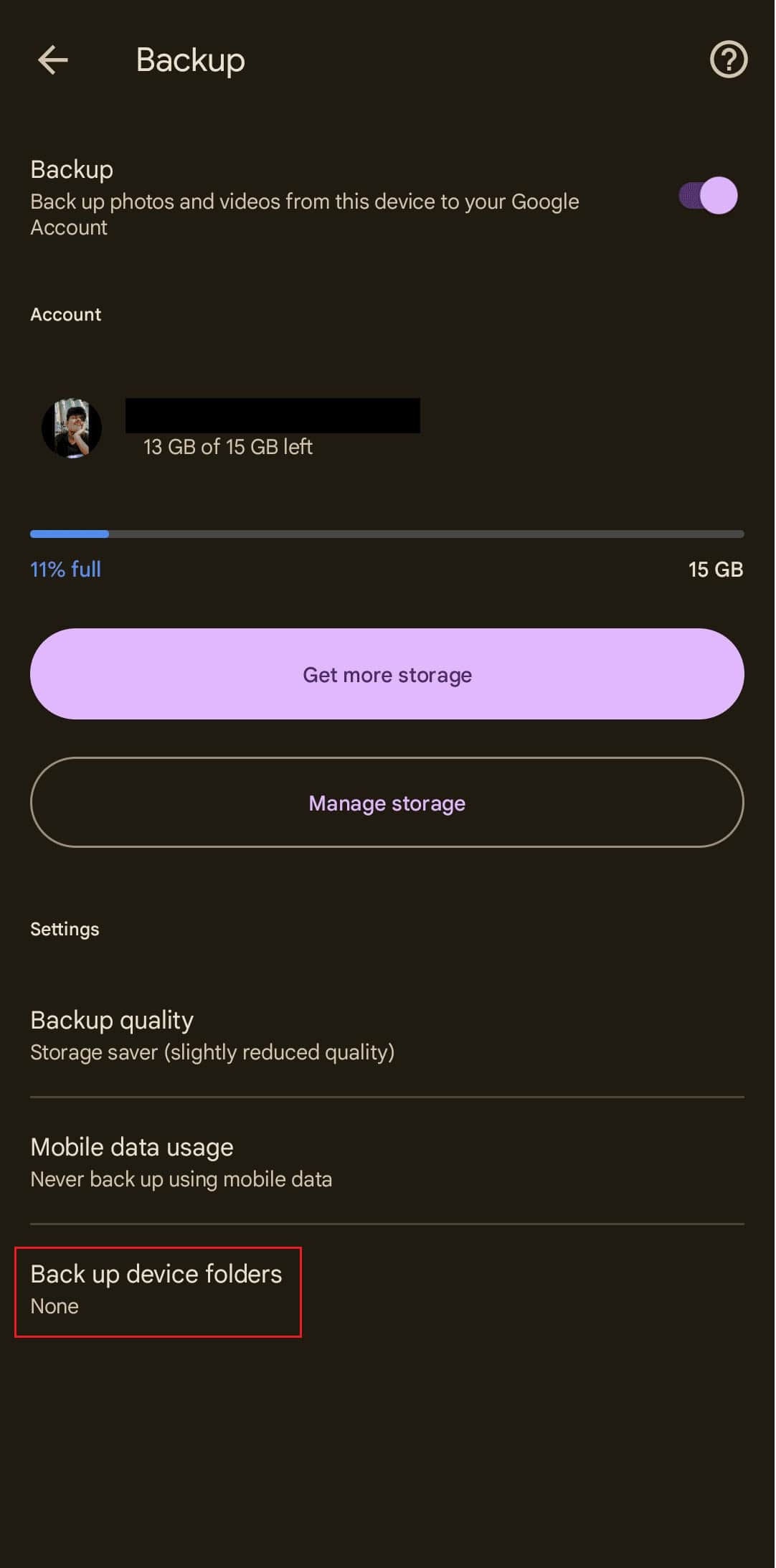 Now tap on Back up device folders