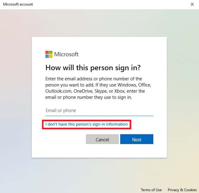 on the sign-in page, locate and click on I don’t have this person’s sign-in information | Why Does Windows Keep Minimizing the Programs