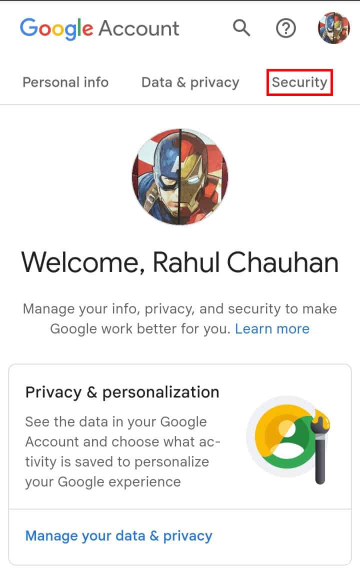 Once signed in, then swipe the top options and tap on the Security option.