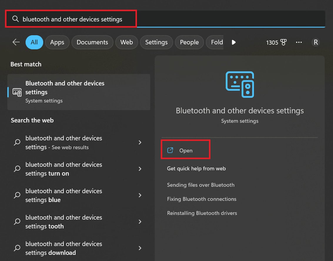 open bluetooth and other devices settings
