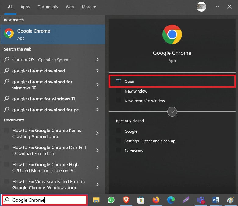 Open Google Chrome from the start menu