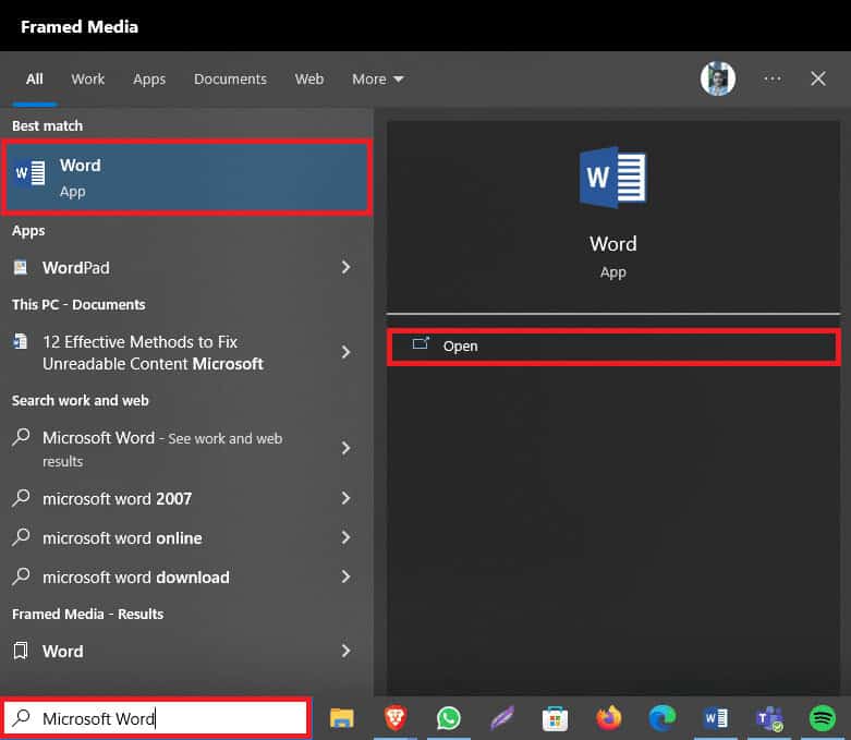 Open Microsoft Word from the start menu