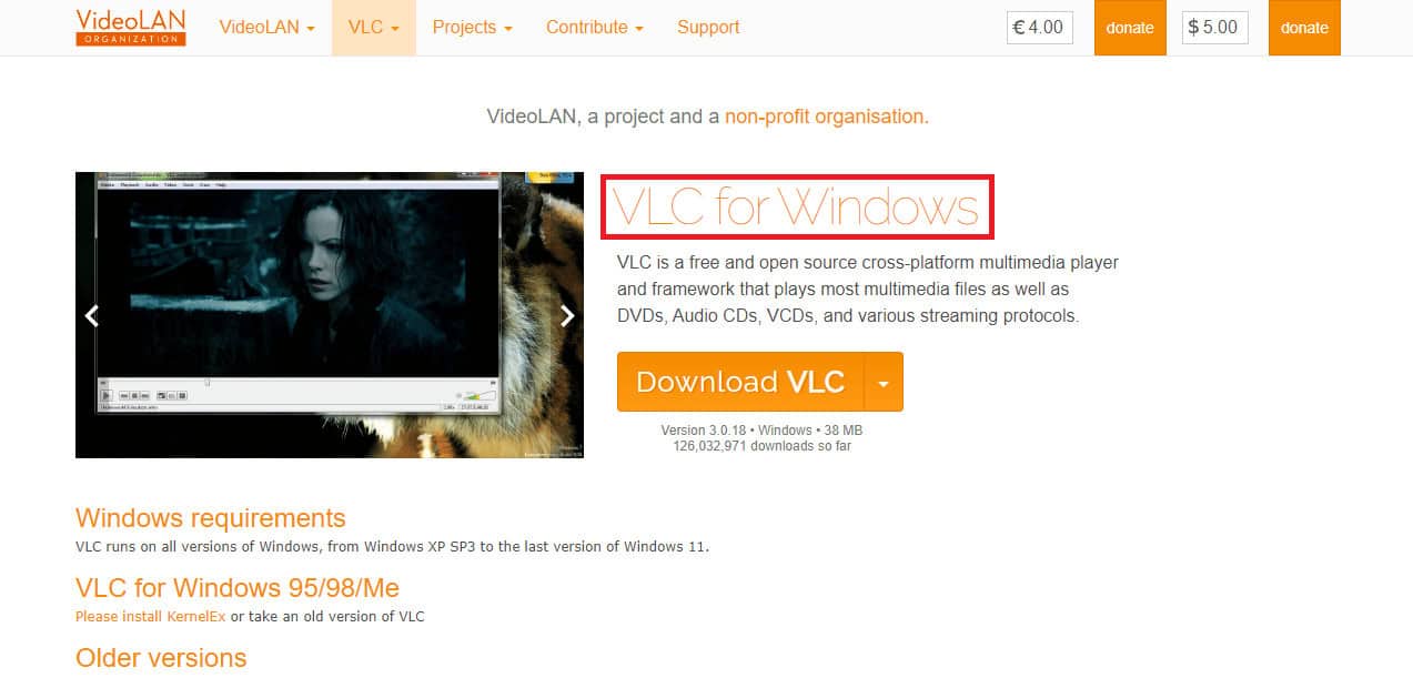 Open the web browser and visit the official VLC for Windows page