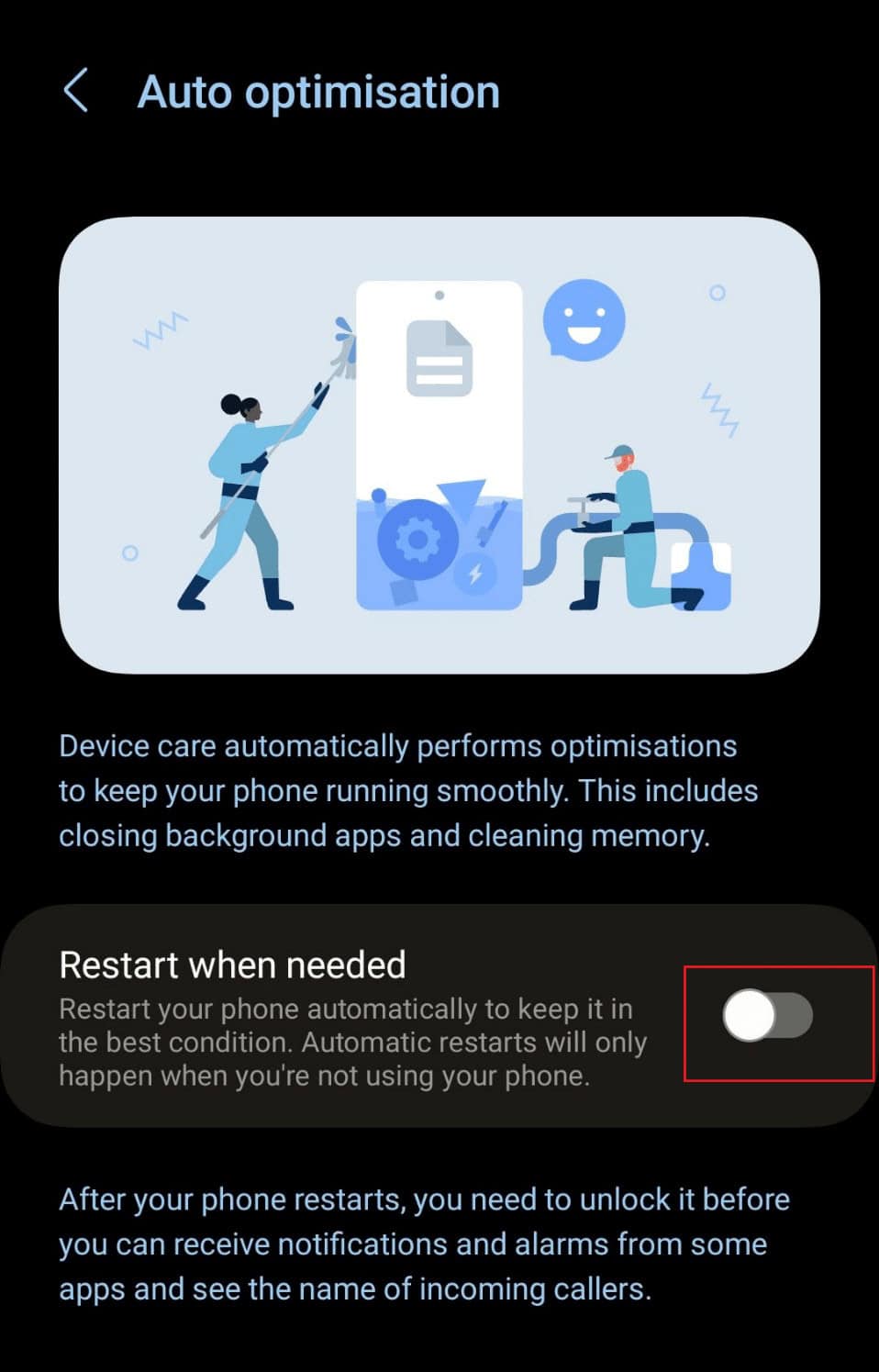Turn off the toggle for the Restart when needed option