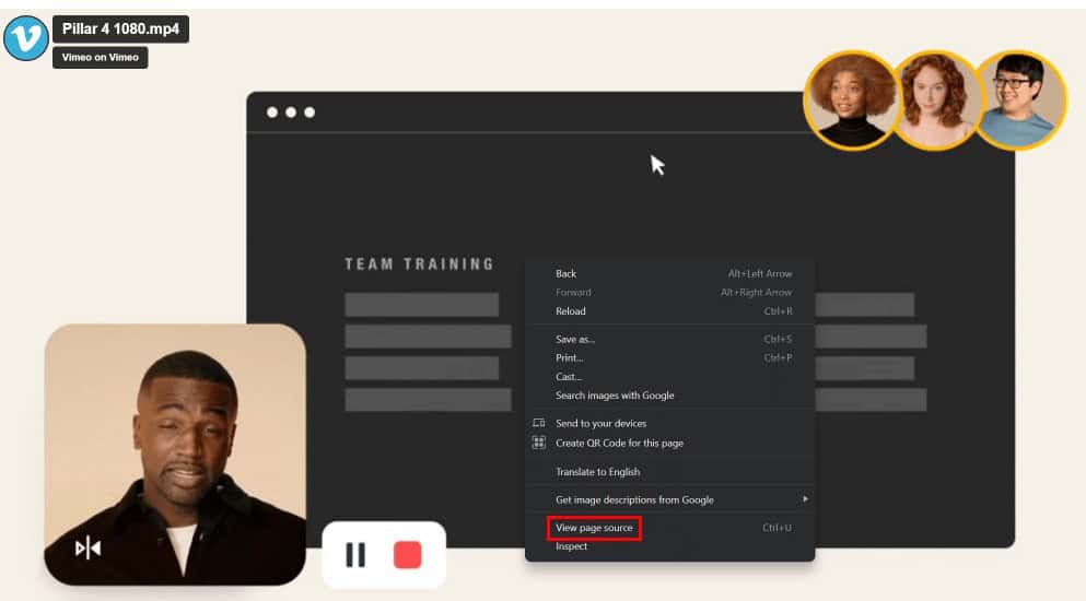 Right-click on the video and click on the View page source option from the menu.