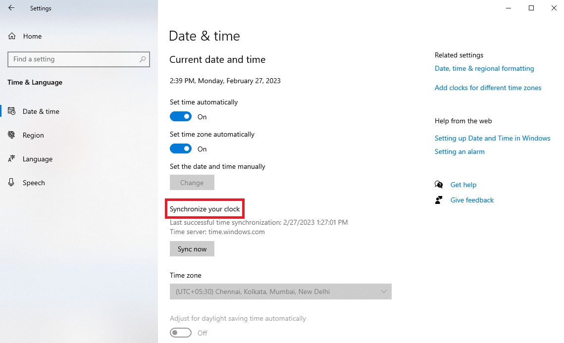 scroll down and locate the synchronize your clock option