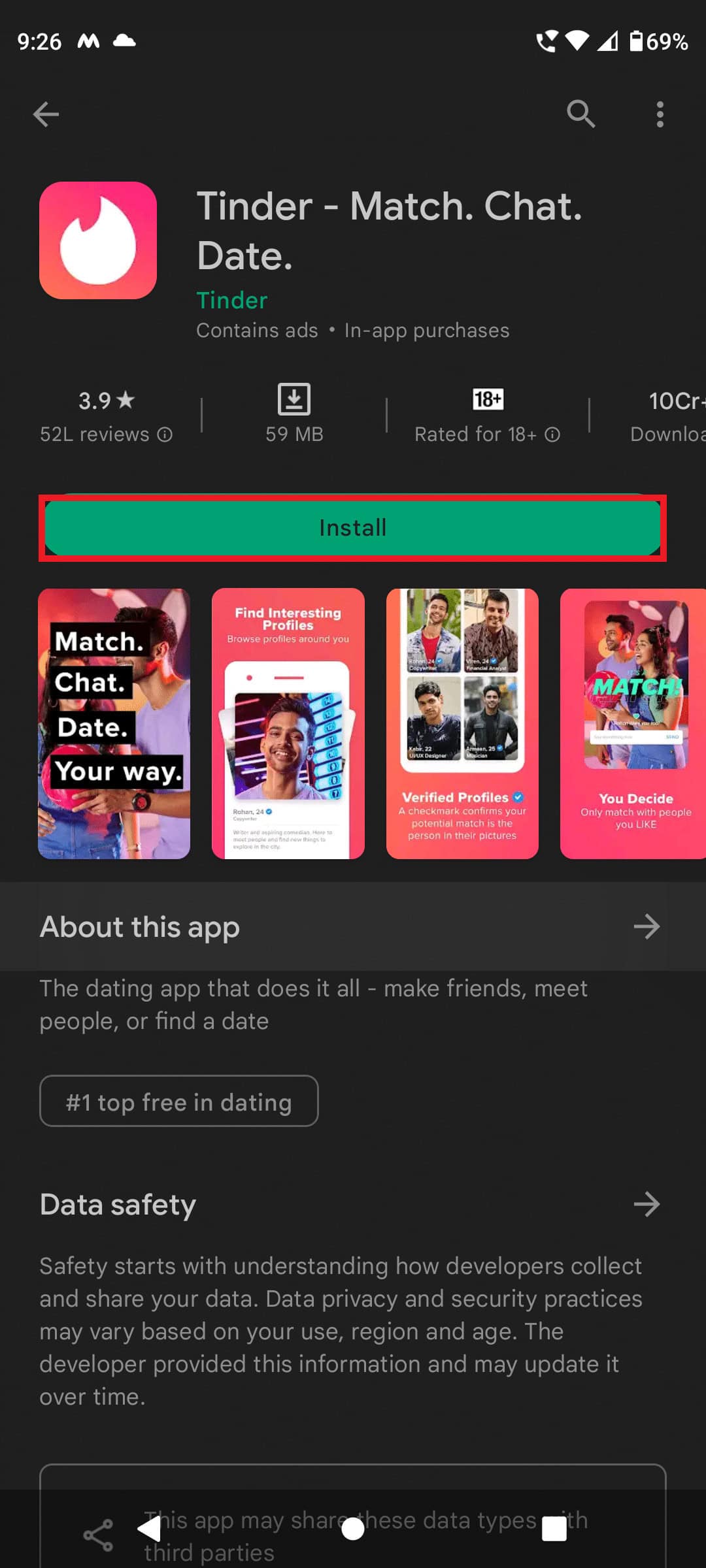 Search Tinder and tap on Install | How to Get Tinder Gold for Free