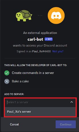 Select a server to add the Carl Bot to