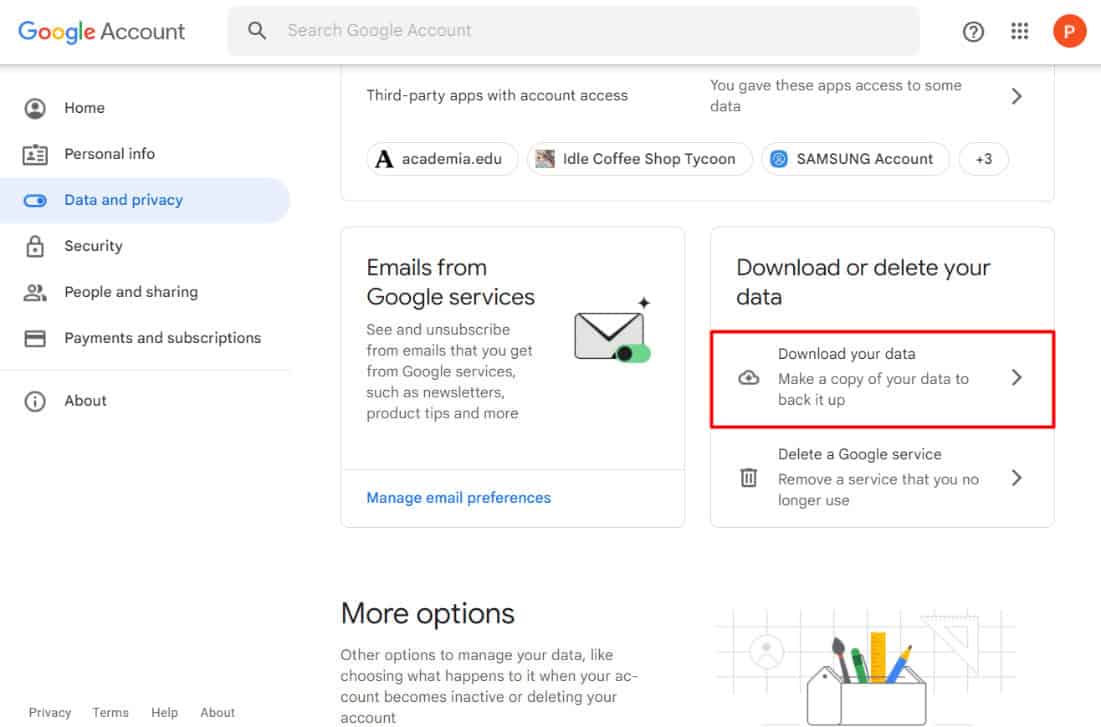 select Download your data | how to backup Gmail