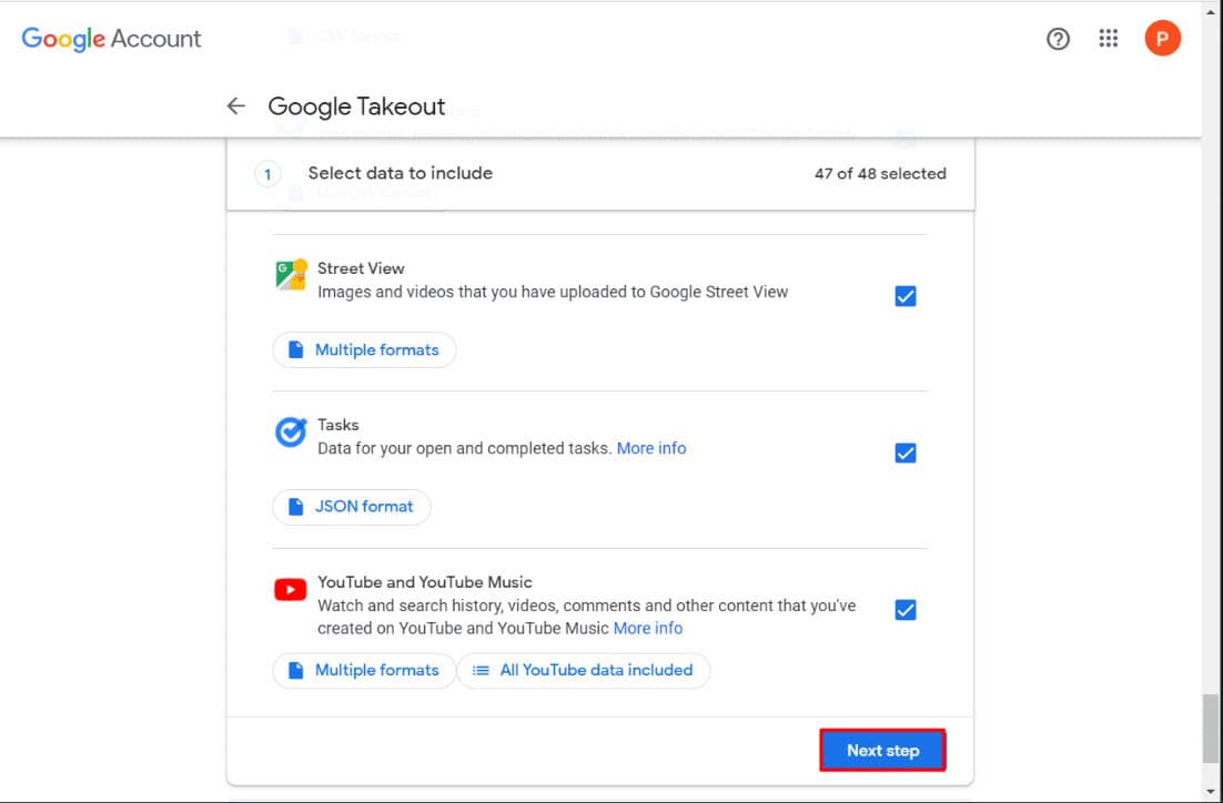 Select everything you wish to include and click on Next step