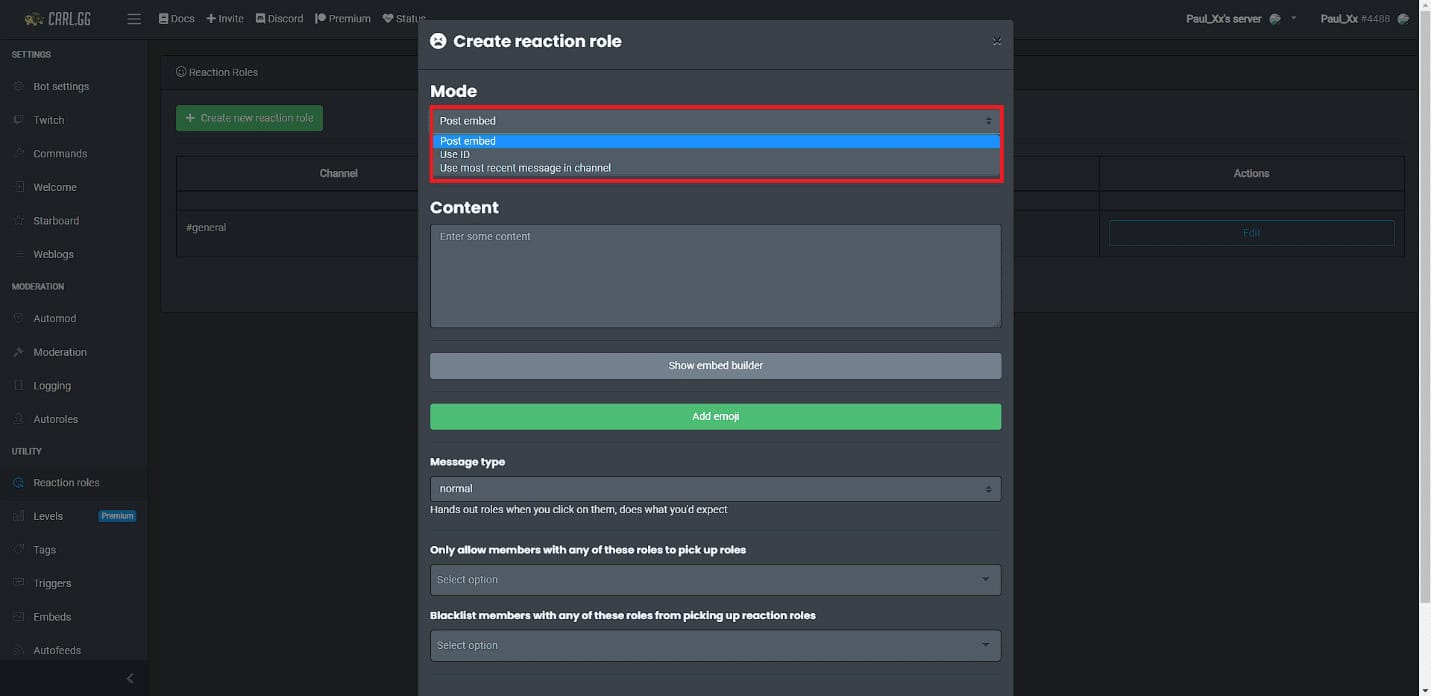 Select one of the modes. How to Add Reaction Roles on Discord Carl Bot