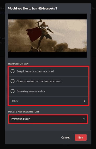 Select one of the options under the REASON FOR BAN section and select one option under DELETE MESSAGE HISTORY
