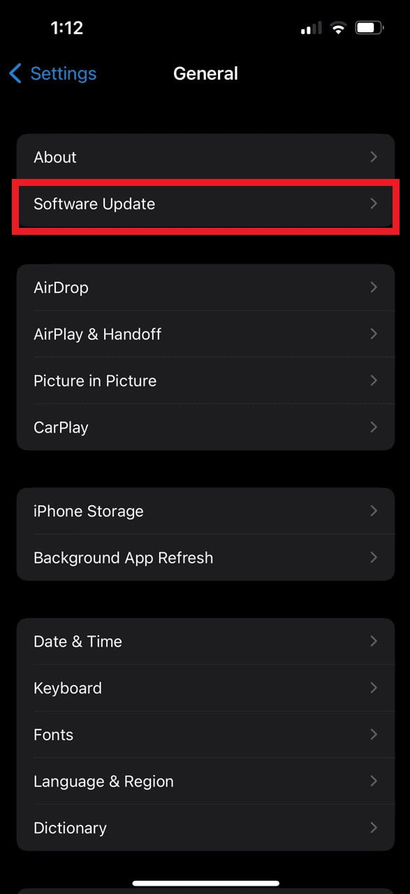 Select Software Update from the menu