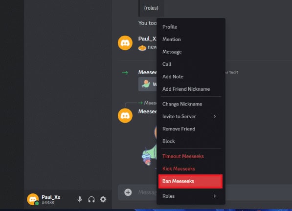 Select the Ban "member's name" option