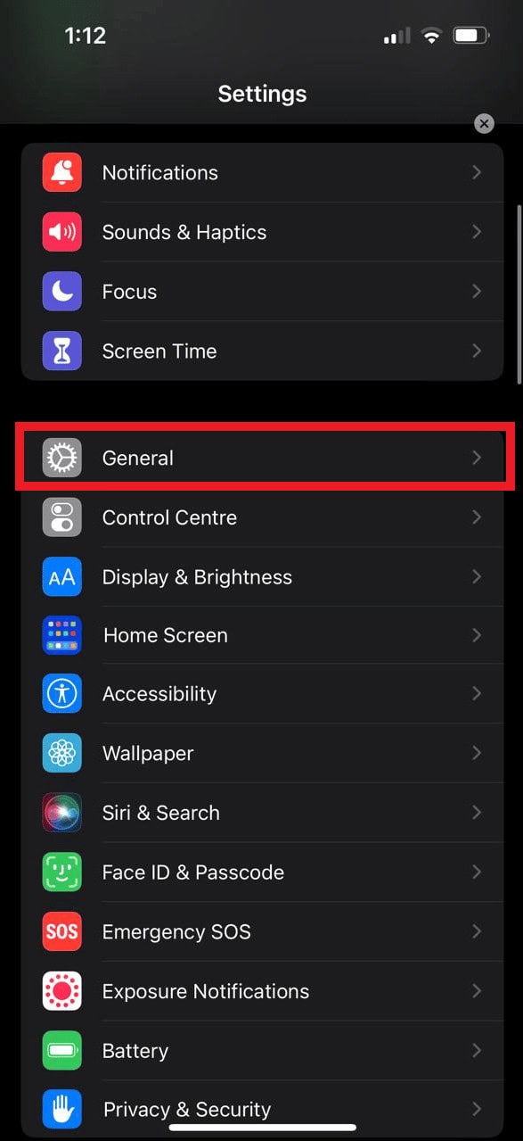 Select the General option from the Settings Menu