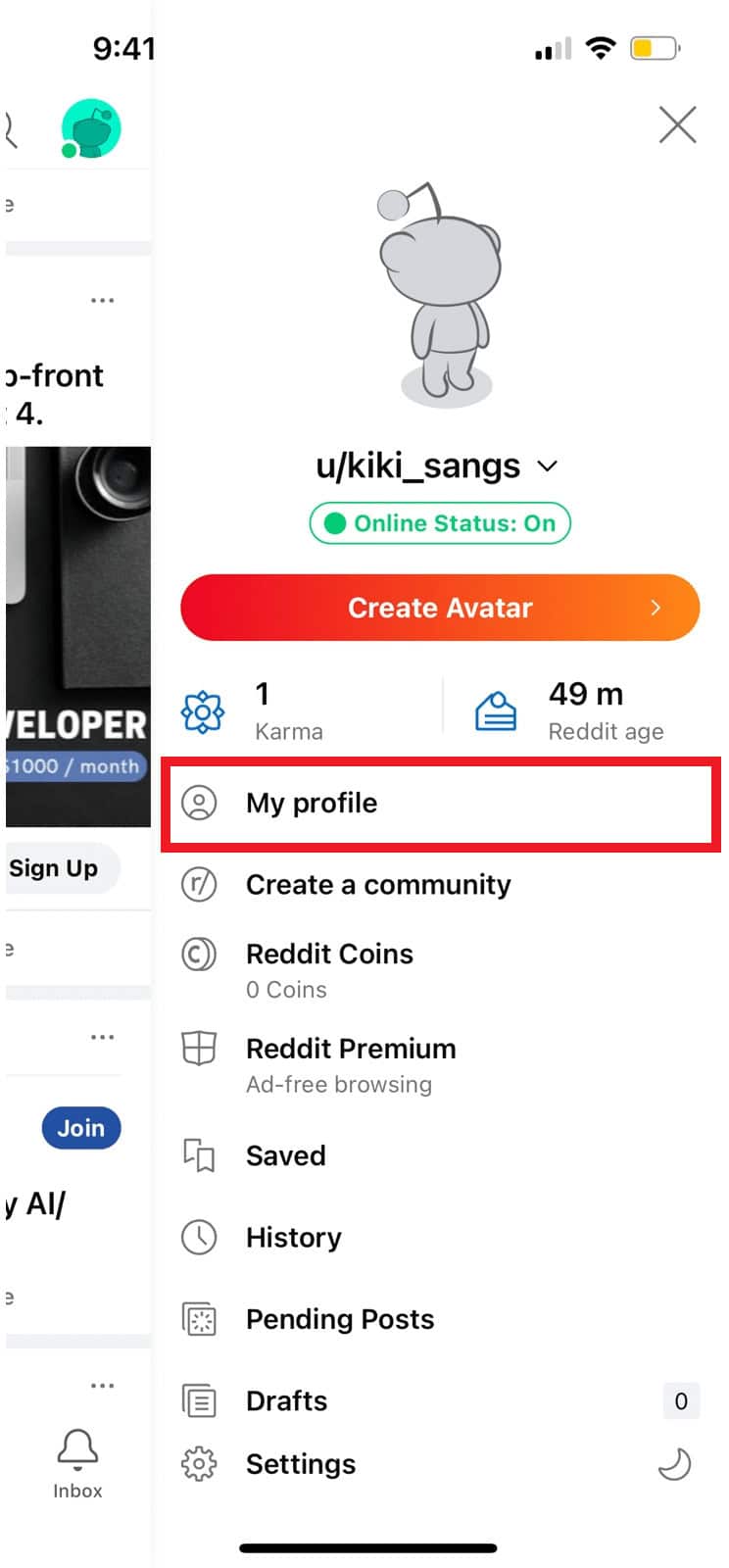 Select the My Profile option. The account must be recently created with an existing auto-generated username for this process to be applicable.
