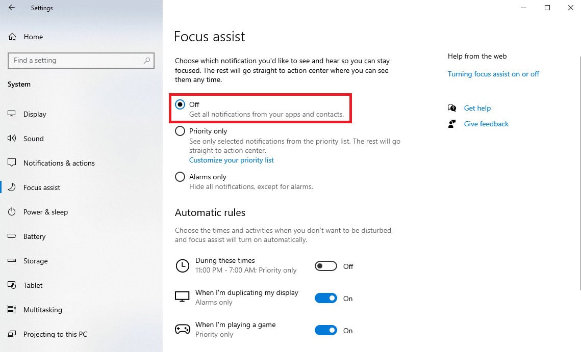 Select the Off radio button to turn off all the notifications | Why Does Windows Keep Minimizing the Programs
