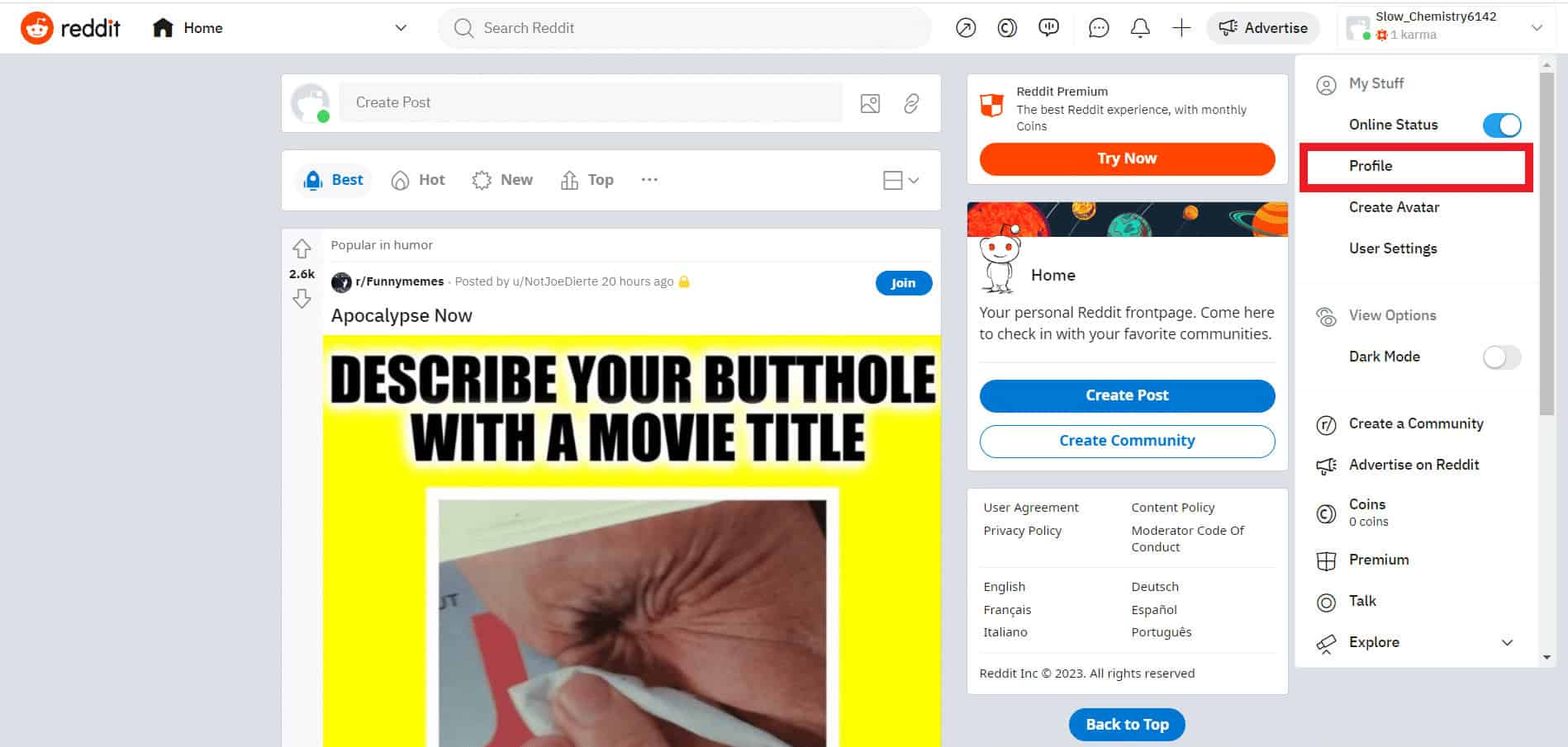 Select the Profile option from the menu list.