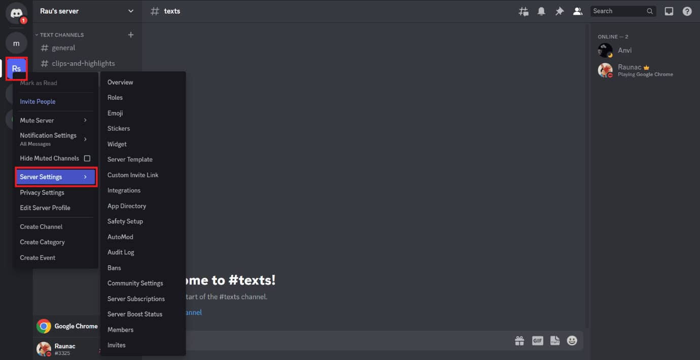 Server settings option on Discord